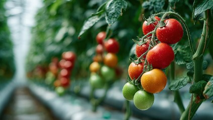 Fototapeta premium Ripe tomatoes in various stages of growth, hanging from lush green vines in a greenhouse, showcasing vibrant colors and healthy agricultural practices for sustainable farming