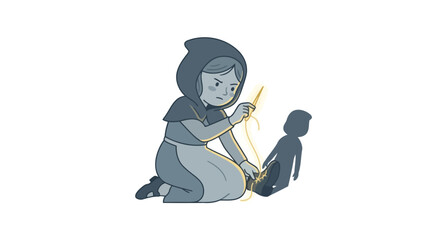 Young Girl in Hooded Cloak Playing with Doll.