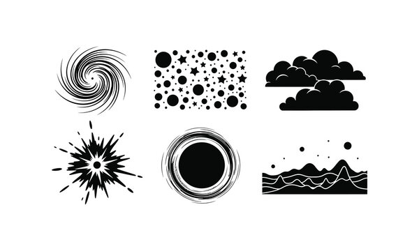 Cosmic phenomena silhouette vector illustration including black hole and galaxy star shapes