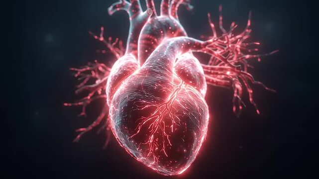 A glowing red human heart with visible nerves and blood vessels on a dark background from a front viewpoint in a 3D illustration