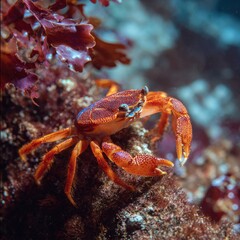 Orange Crab Navigating a Rocky Seabed