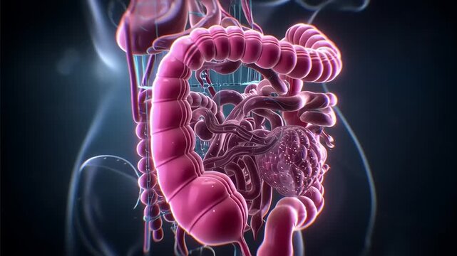 Detailed 3D illustration of human intestines highlighting digestive system anatomy in a stylized medical visualization