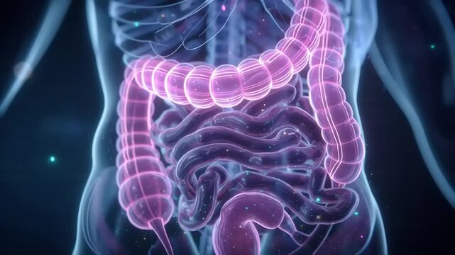 Glowing pink colon highlighted in a transparent human body model rotating slowly