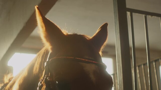 Ears of horse in barn with sunlight shining through openings during early morning hours