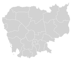 Grey with White Outline Cambodia Map with District Borders Asian Country