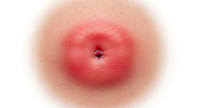 Inflamed skin lesion with a central abscess showing signs of infection and irritation