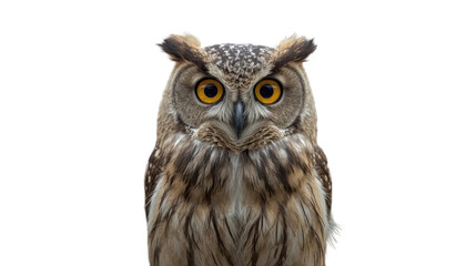 Brown owl with wide open bright yellow eyes looking forward on white background realistic portrait