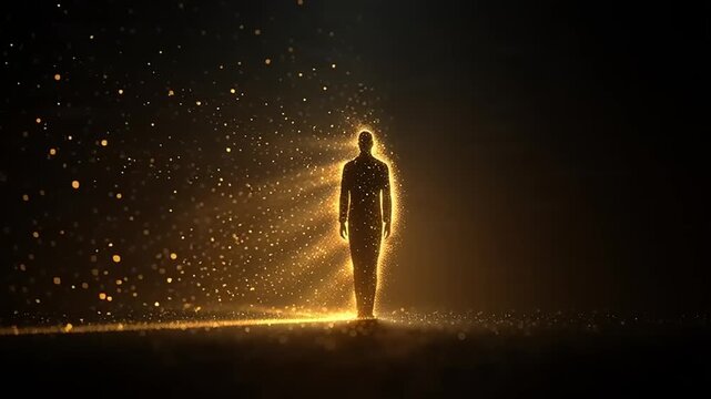 A person emerges from a radiant golden glow surrounded by shimmering particles in a dark environment
