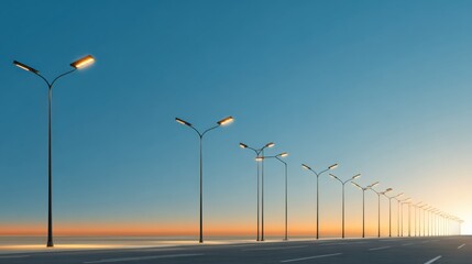 Serene Evening Scene with Street Lamps Along a Road at Sunset Under a Clear Sky
