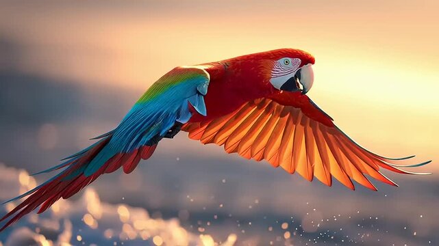 A vibrant macaw parrot in flight over a serene landscape with clouds at sunrise