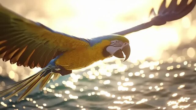 A vibrant macaw parrot in flight over a serene water landscape at sunrise with a stick in its beak