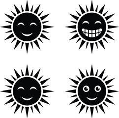 Fototapeta premium Smiling Sun Face Silhouettes – Happy Cartoon Sunshine Characters with Different Expressions