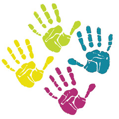 A simple and vibrant design of four handprints arranged in a cluster. Each handprint is a different solid color: lime green, yellow, teal, and magenta.