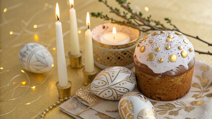 Easter cake and candles with golden eggs on a golden background