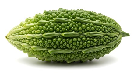 Obraz premium A single green bitter melon, also known as bitter gourd or Momordica charantia, isolated on a white background, showcasing its distinctive bumpy and ridged texture.