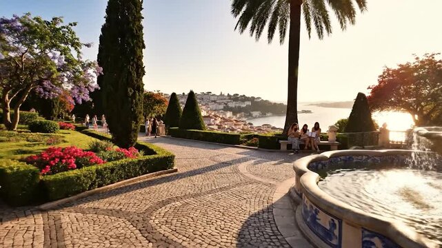 Serene Jardins do Pal?cio de Cristal, Porto: Fountain and River Douro Vista