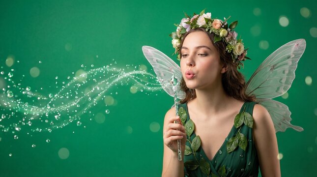 Enchanting Fairy Blowing Magical Sparkles with Flower Crown.