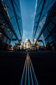 St James chapel in London city with modern glass architecture reflection