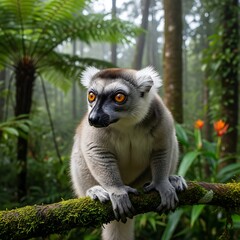 Fototapeta premium Small primate with striking orange eyes perches on a moss covered branch in a dense forest