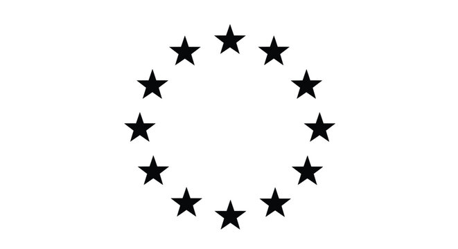 A minimalistic black and white illustration depicting a circular arrangement of twelve solid black stars, symbolizing unity, excellence, and achievement in a clean, graphic design element.