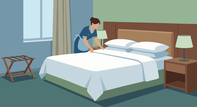 Housekeeper Making Bed

Flat vector illustration of a housekeeper neatly making a bed in a hotel room. Fresh linens, pillows, and tidy interior visible. Clean flat vector style, solid colors, 