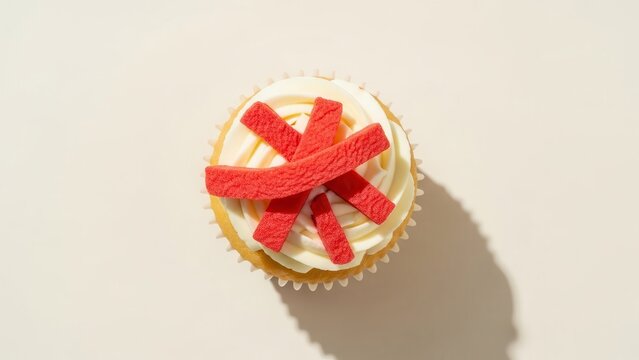 Overhead view of a vanilla cupcake topped with white frosting and decorated with red sour candy strips arranged in a star or asterisk pattern, casting a shadow on a light beige surface