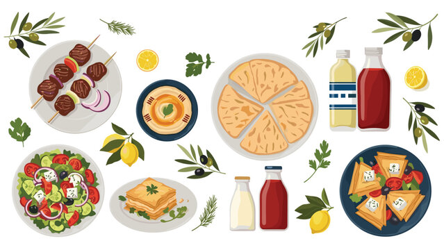 A top-down view of a traditional Greek food spread, including souvlaki, salad, moussaka, and pita bread, in a flat vector style.