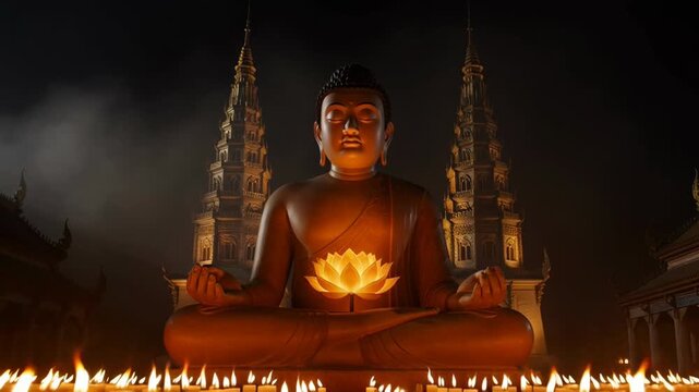 Large illuminated Buddha statue at night with candles and temple architecture in the background, peaceful spiritual scene for religious and meditation themes