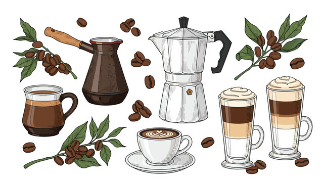 A vintage-style set of coffee-making equipment and drinks, including a moka pot, cezve, latte macchiato, and fresh coffee beans.