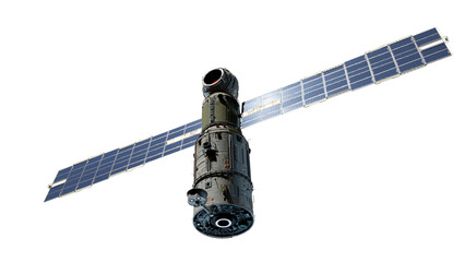 Scientific space station with solar panels in orbit.