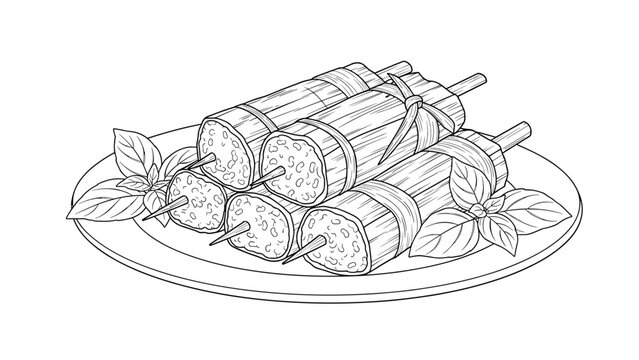 A black and white line art illustration of Vietnamese grilled pork sausage, known as Nem Nuong, served on skewers with fresh basil.