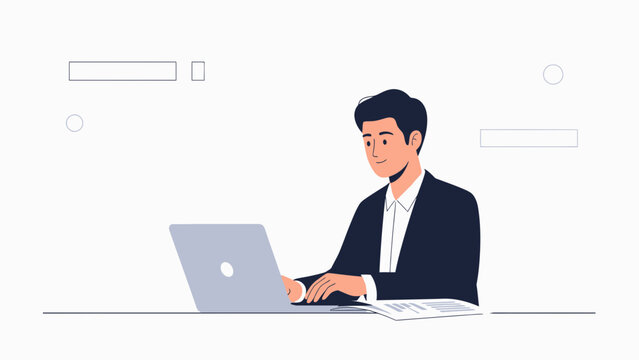 Businessman working on laptop computer at office desk, modern flat illustration style