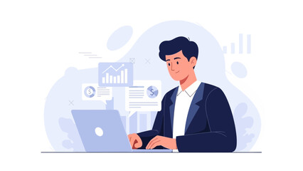 Businessman working on laptop with financial charts and analytics, modern office illustration