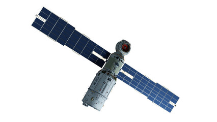 Scientific space station with solar panels in orbit.