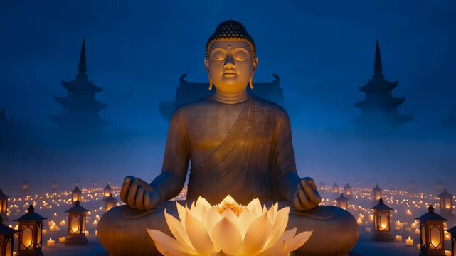 Serene Buddha Statue in Meditation Pose at Night with Lotus Flower and Candles, Sacred Buddhist Temple Scene for Spiritual and Religious Content