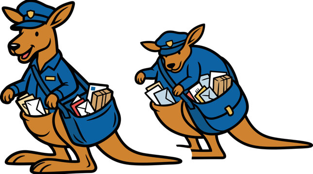 Two cartoon kangaroos dressed as mail carriers delivering letters and packages.