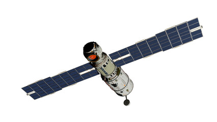 Scientific space station with solar panels in orbit.