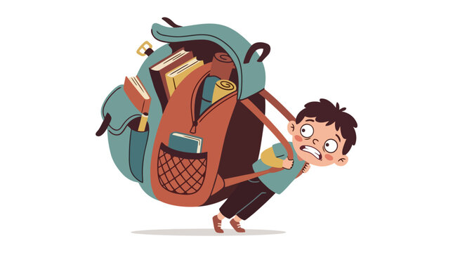 Young boy struggling to carry oversized heavy school backpack full of books.