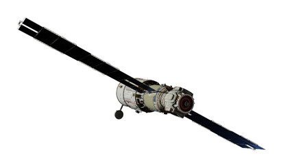 Scientific space station with solar panels in orbit.