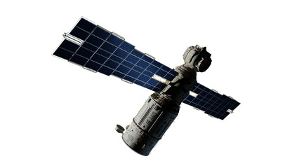 Scientific space station with solar panels in orbit.