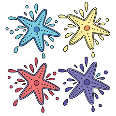 A flat digital illustration of four stylized starfishes, each in a different color: blue, yellow, coral/red, and purple.