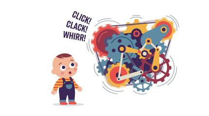 Naklejka premium Curious Baby Boy Watching Intricate Clockwork Mechanism with Gears and Cogs.