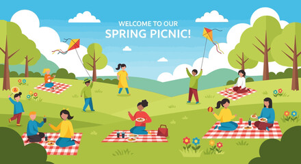 People enjoying a vibrant spring picnic in a lush green park with red and white checkered blankets under a bright blue sky