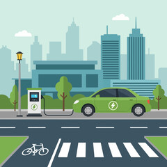 Sustainable urban transportation scene with electric car charging at a city street with a bicycle nearby