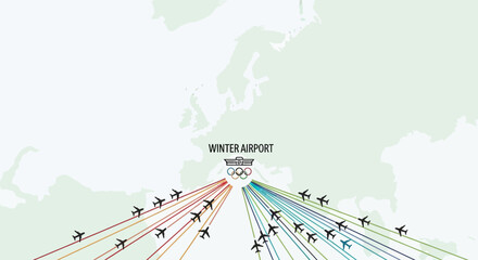 Aerial view of flight paths converging at Winter Airport on a map with diverse airline routes