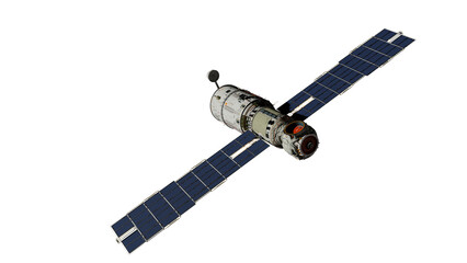 Scientific space station with solar panels in orbit.