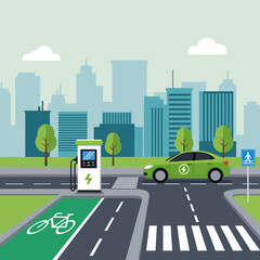 Electric car charging at a city roadside station with urban landscape and cycling path nearby