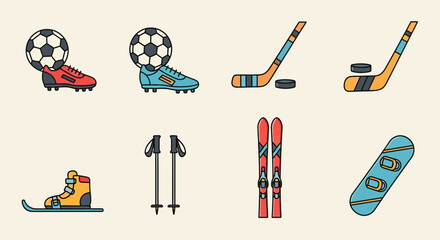 Collection of colorful sports equipment icons, including boots, balls, and sticks on a neutral background from a straightforward viewpoint.