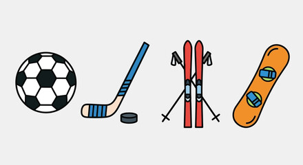 Assorted sports equipment displayed on a plain white surface from a straightforward viewpoint.