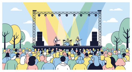 Outdoor concert crowd enjoying music performance under vibrant rainbow lights on a sunny day